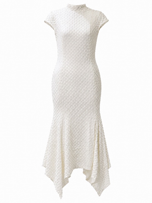 【新品DRESS 3388】フクレジャガードハイネックミモレ丈マーメイドミディアムドレス ホワイト【KAREN MILLEN】